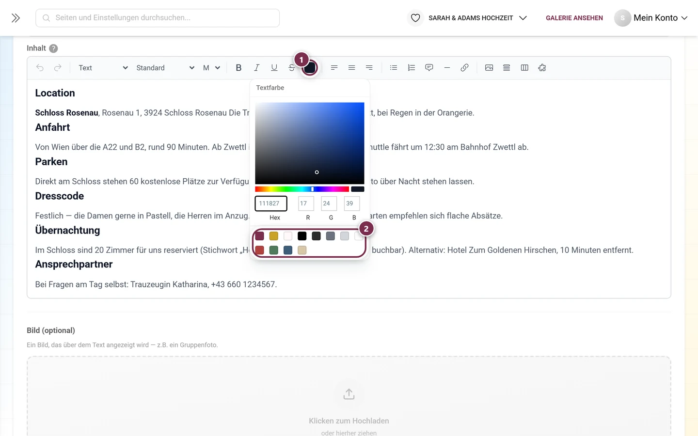 Geöffneter Farbwähler Textfarbe mit Mischfläche oben und dem Raster der Farbvorgaben darunter
