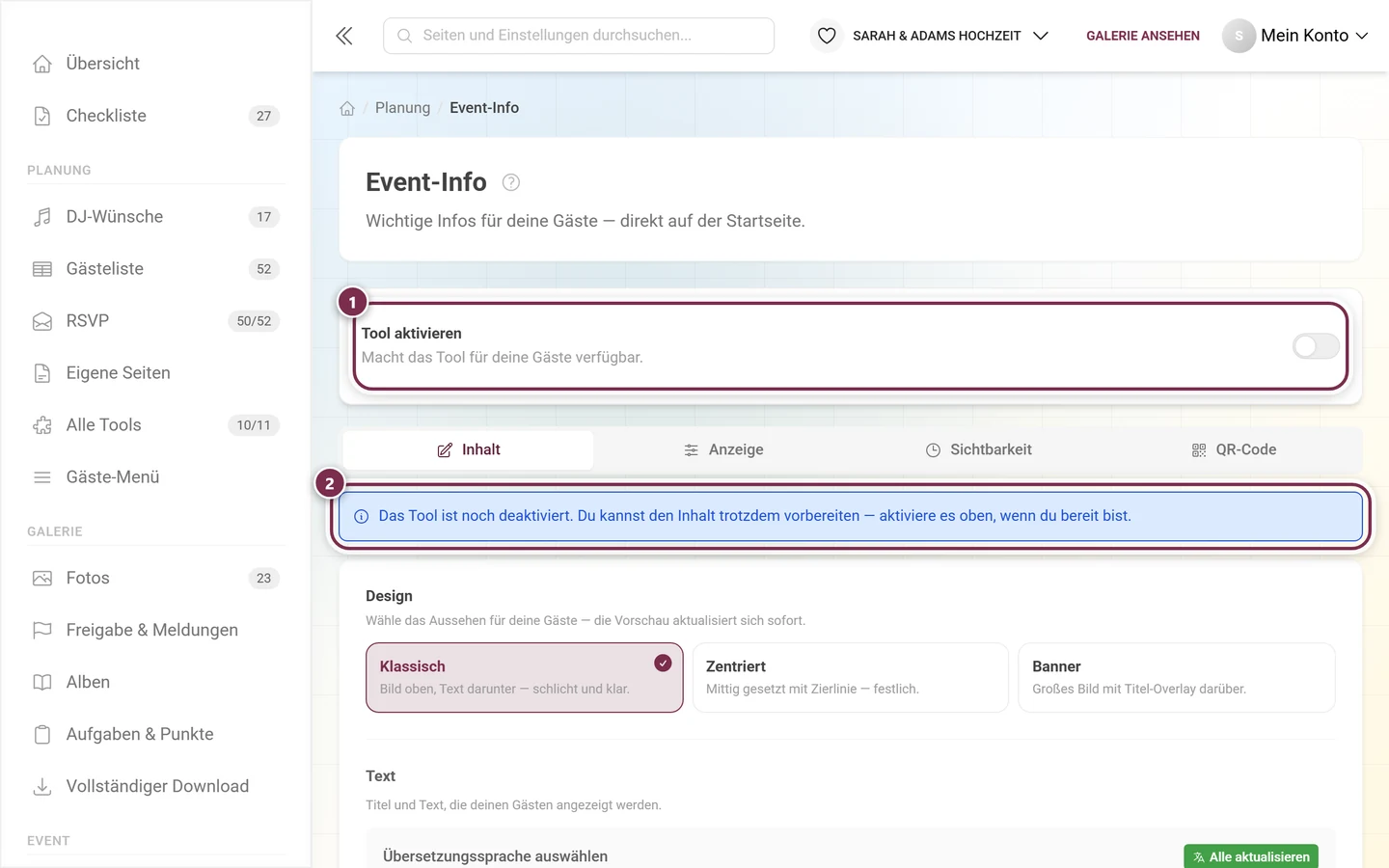 Event-Info-Seite mit ausgeschaltetem Tool-Schalter und blauem Hinweis darunter