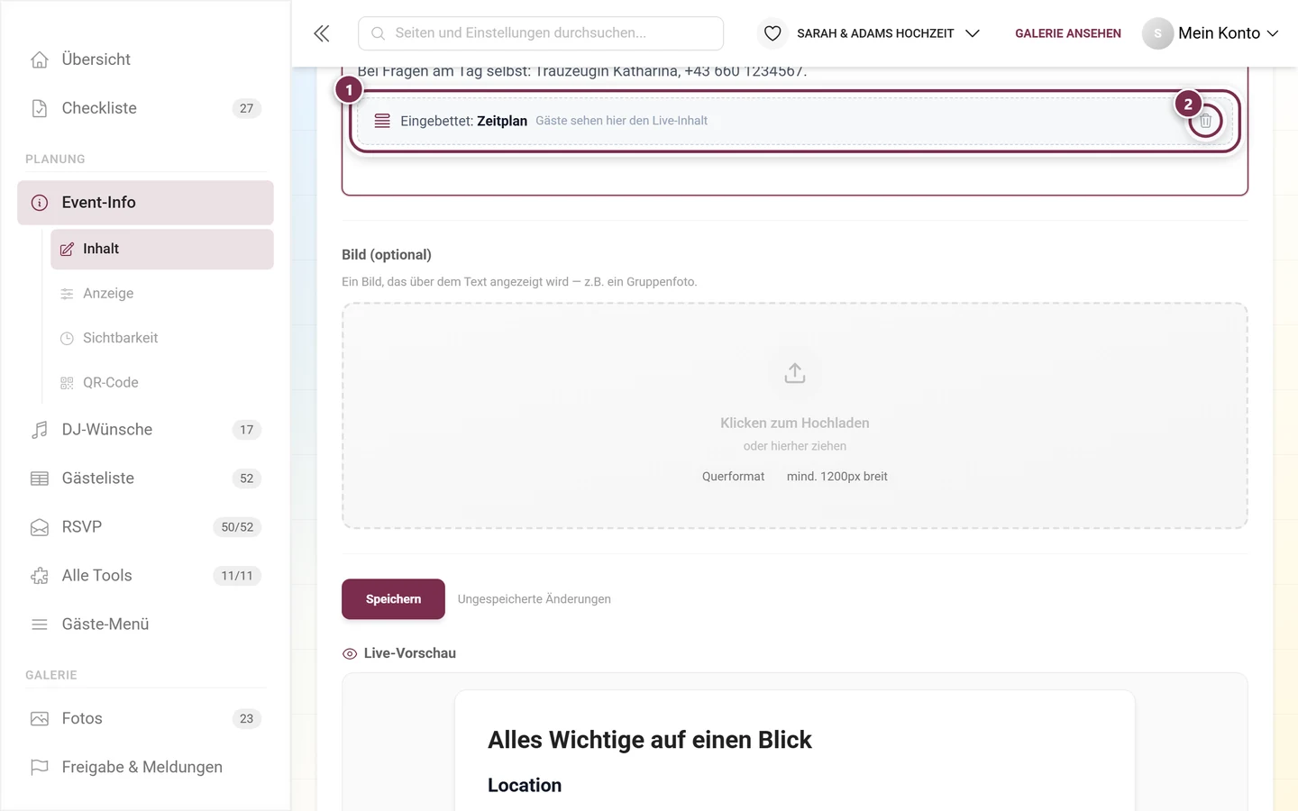 Platzhalter-Karte einer Tool-Einbettung im Editor mit Papierkorb-Knopf