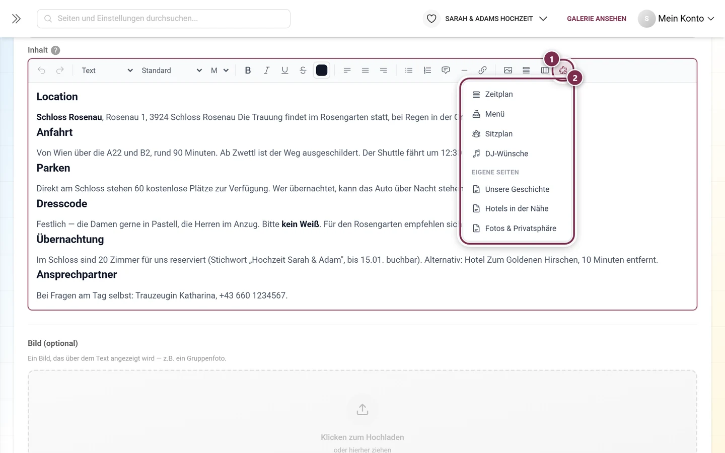 Aufgeklapptes Menü Tool einbetten mit den einbettbaren Tools