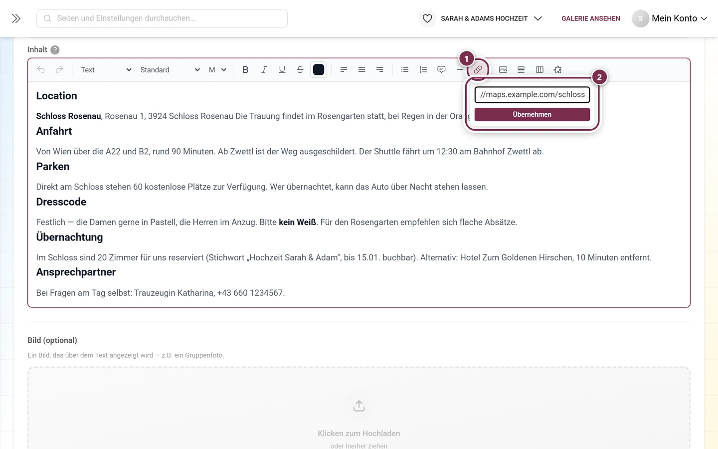 Link-Knopf in der Werkzeugleiste und darunter das geöffnete Eingabefeld für die Adresse