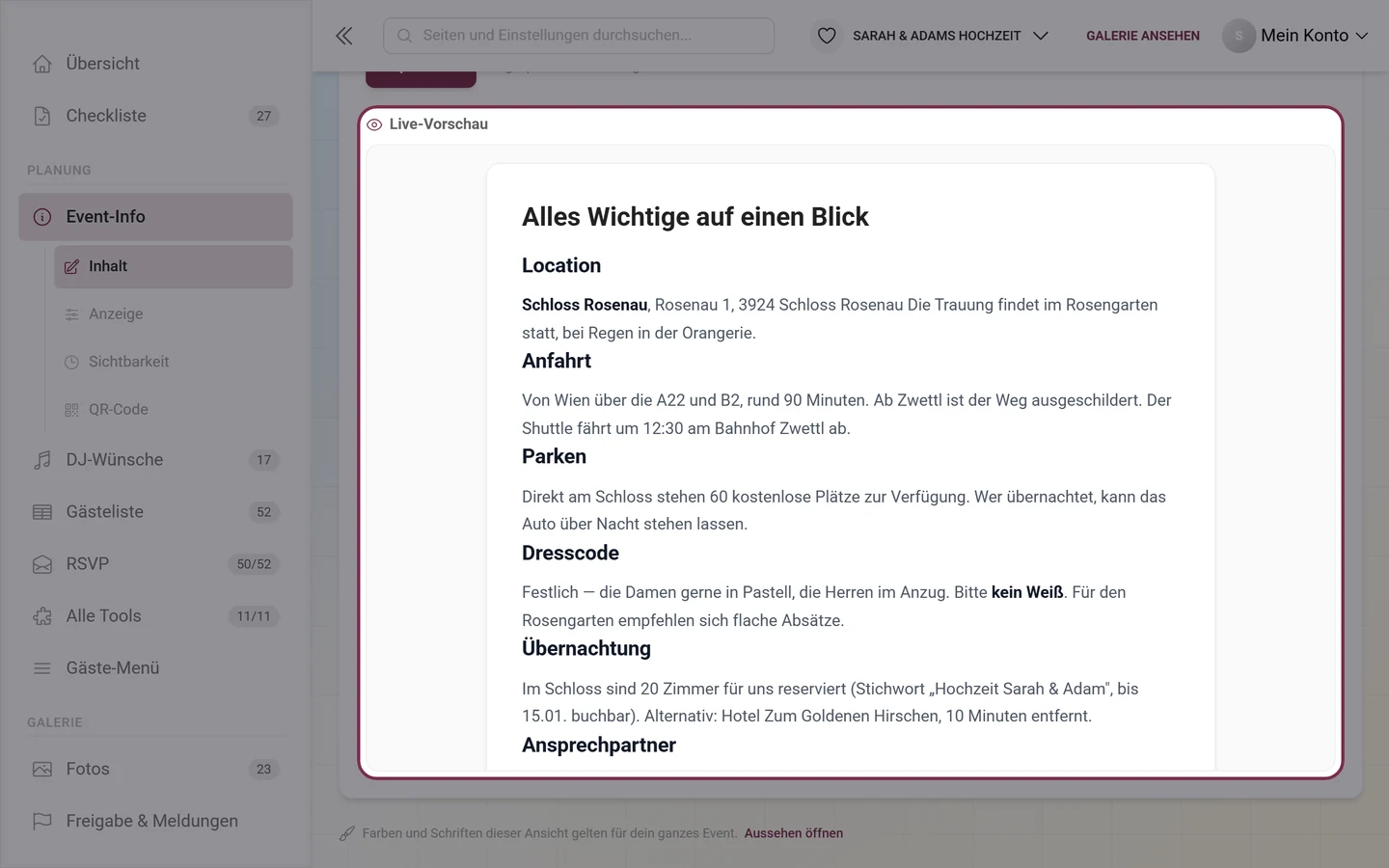 Live-Vorschau unterhalb des Formulars mit der fertig gesetzten Event-Info
