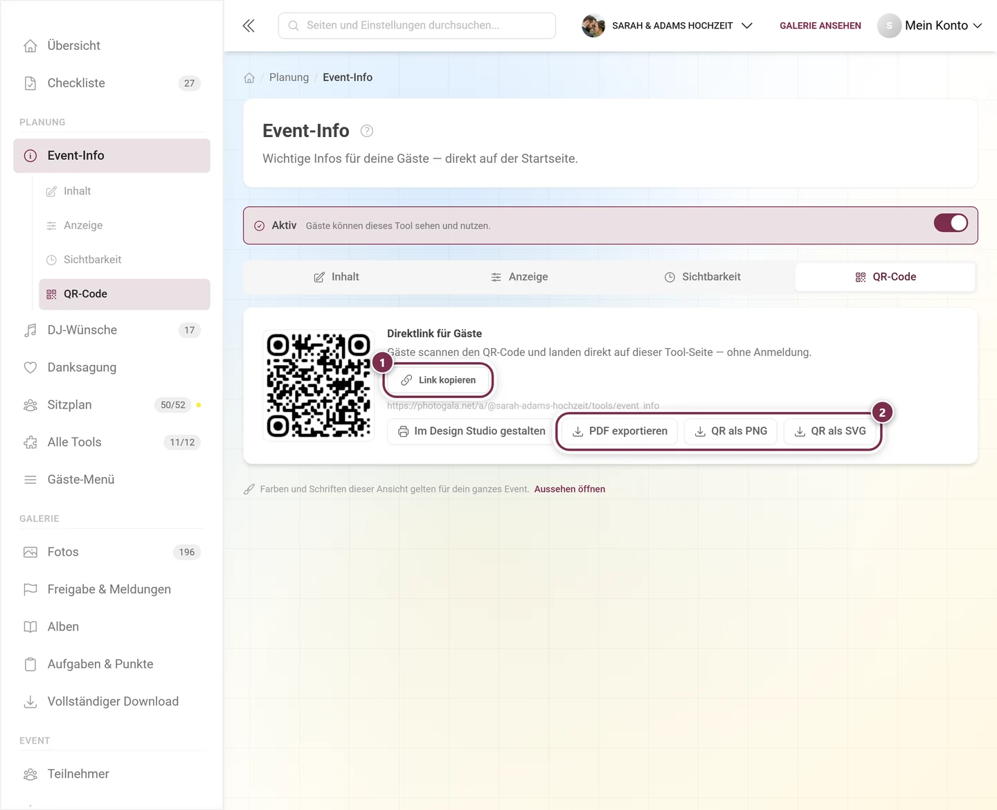 Reiter QR-Code mit dem Code, dem Knopf Link kopieren und den Ausgabe-Knöpfen