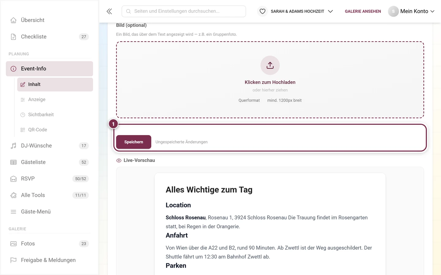 Ablagefeld für das Bild und darunter die Speichern-Zeile mit dem Hinweis Ungespeicherte Änderungen