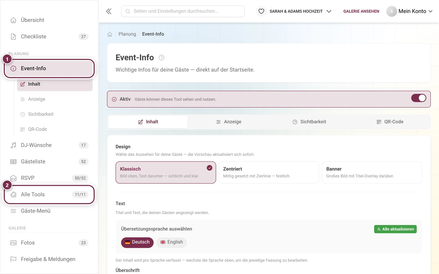 Linke Navigationsleiste mit aufgeklapptem Eintrag Event-Info und dem Eintrag Alle Tools