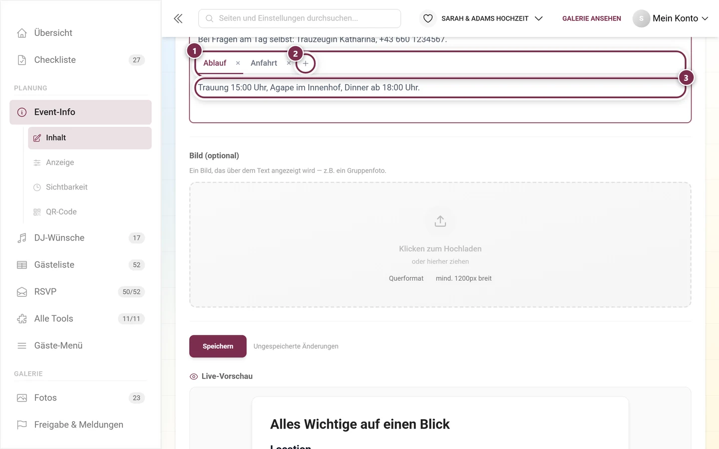 Tab-Block im Editor mit Reiterleiste, Plus-Knopf und dem Inhalt des aktiven Reiters