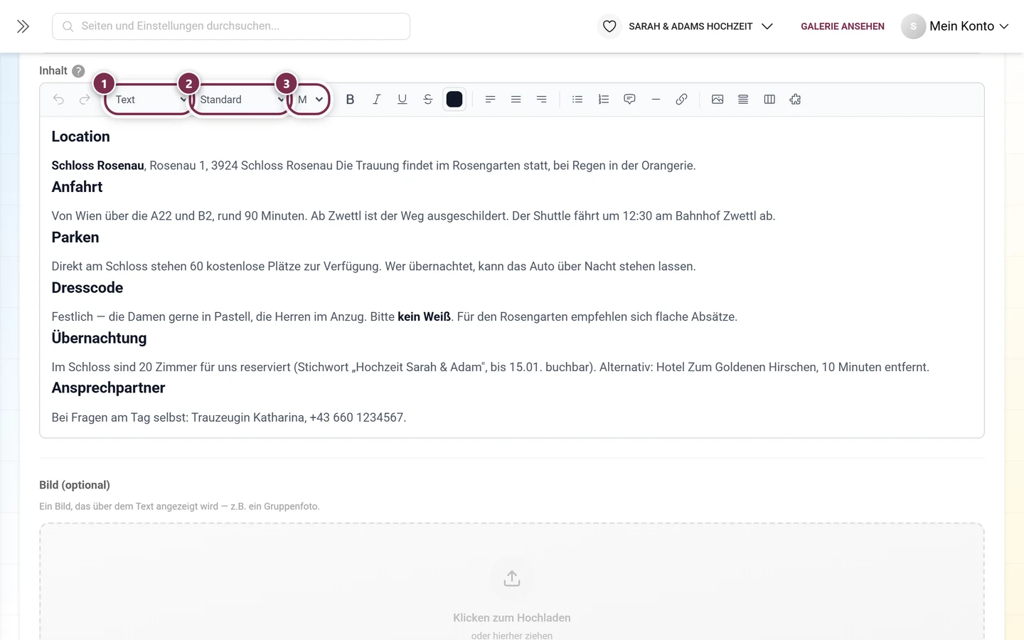 Werkzeugleiste des Rich-Text-Editors mit den drei markierten Auswahlfeldern