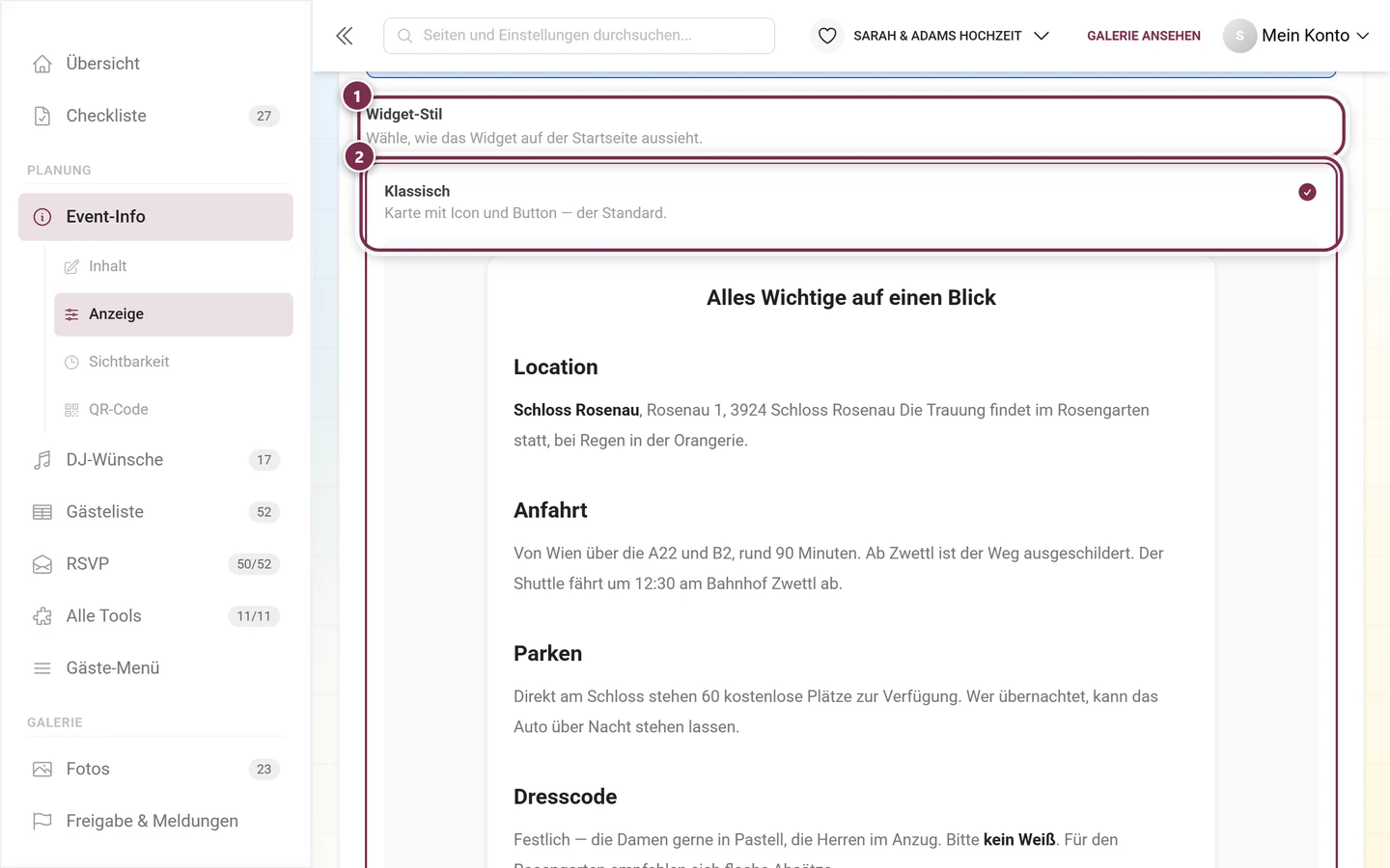 Auswahl Widget-Stil mit der ersten Karte Klassisch