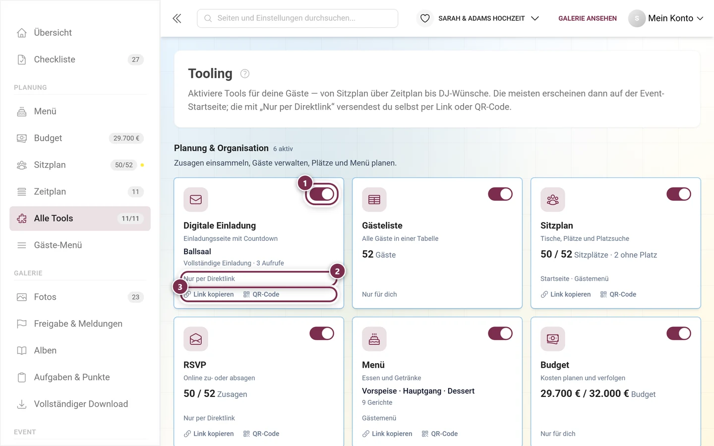 Das Tooling-Raster mit Kacheln für alle Tools, gruppiert in drei Kategorien