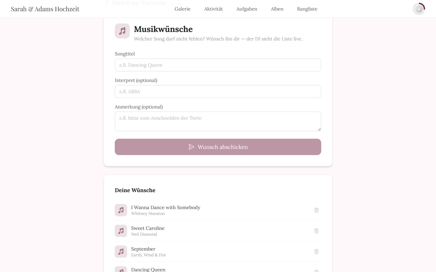 Formular für Musikwünsche mit den Feldern Songtitel, Interpret und Anmerkung