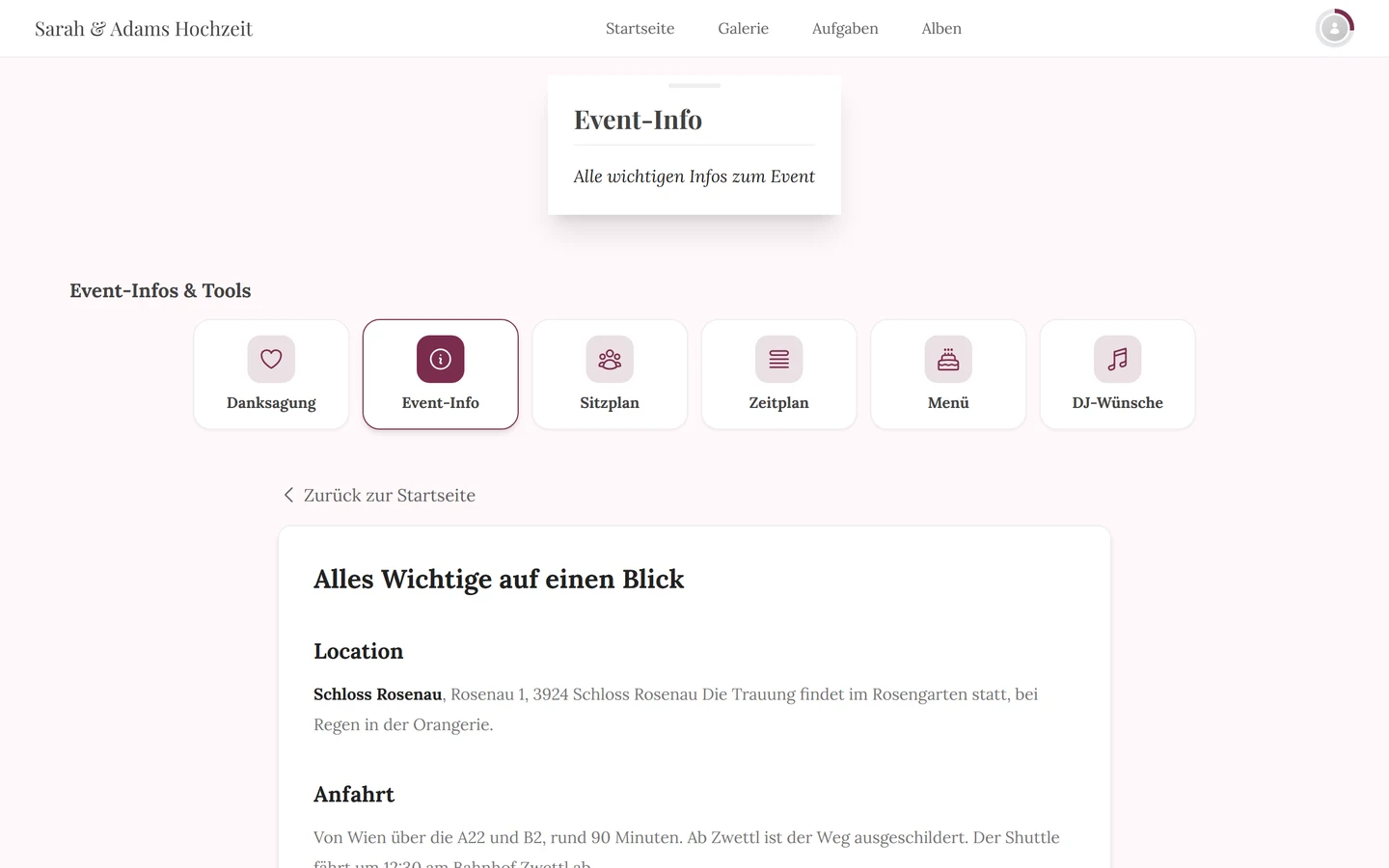 Tool-Seite Event-Info aus Gästesicht mit Abschnitten zu Ort, Anfahrt und Parken