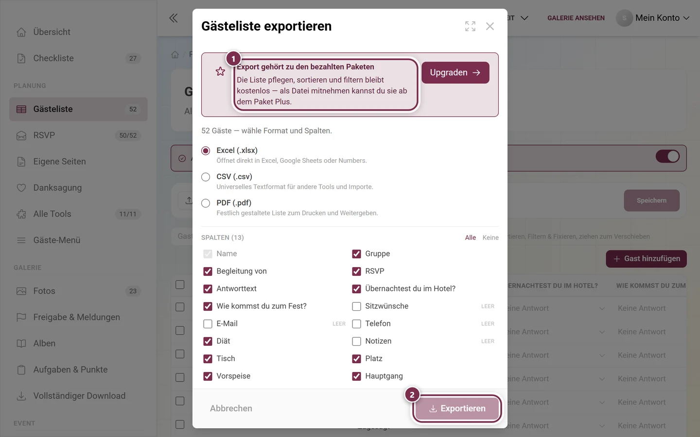 Export-Dialog der Gästeliste mit markiertem Upgrade-Kasten und markiertem ausgegrautem Exportieren-Knopf