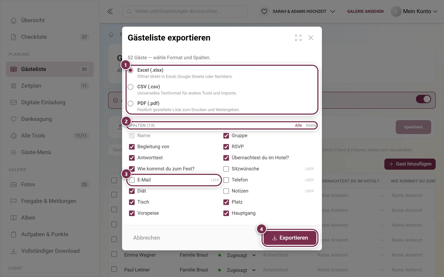 Dialog Gästeliste exportieren mit markierten Formaten, der Spaltenauswahl, einer leeren Spalte und dem Knopf Exportieren