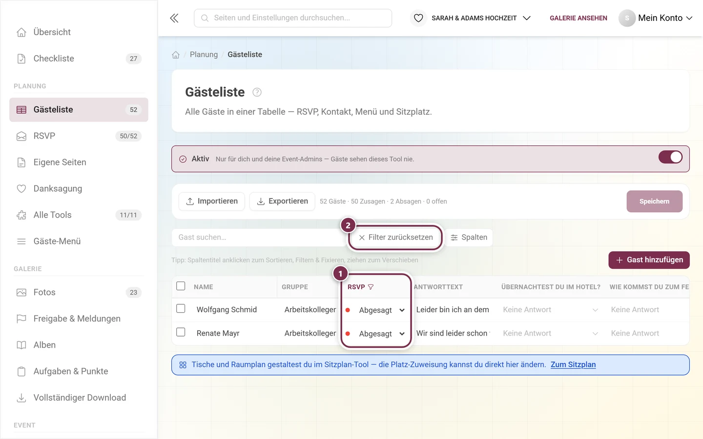 Gästeliste mit markierter gefilterter RSVP-Spalte und markiertem Knopf Filter zurücksetzen