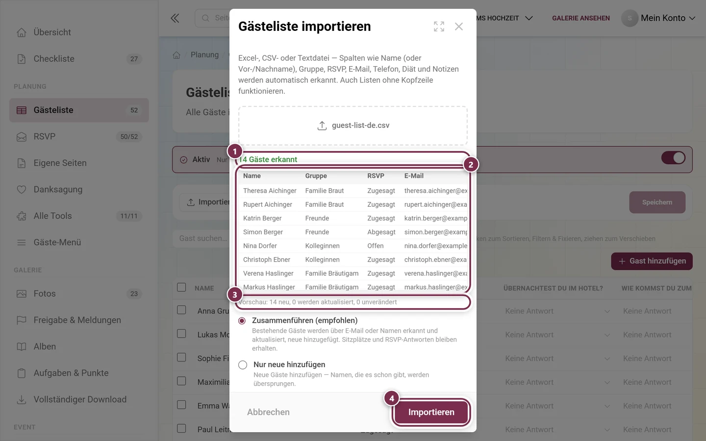 Import-Dialog der Gästeliste mit markierter Dateizeile, Vorschautabelle, Merge-Vorschau und Importieren-Knopf