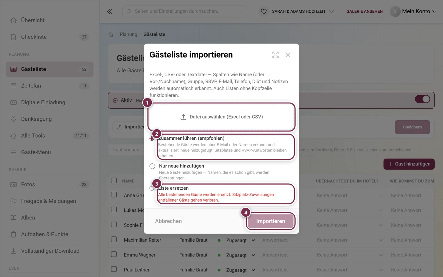 Dialog Gästeliste importieren mit markierter Dateiauswahl, den Modi Zusammenführen und Liste ersetzen und dem Knopf Importieren