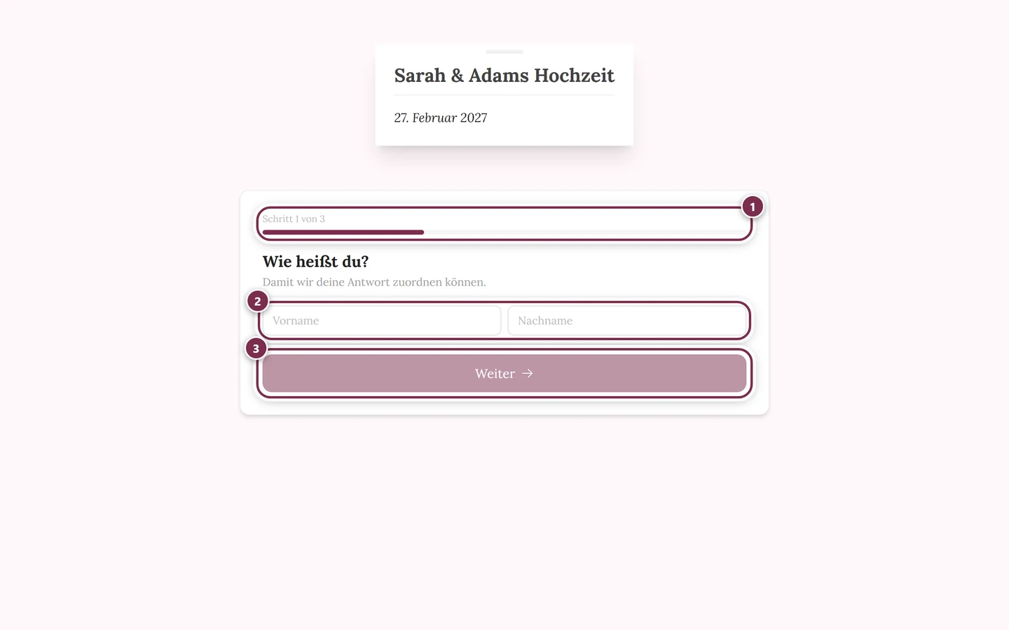 Das RSVP-Formular aus Sicht eines Gastes mit Schrittanzeige und Namensfeld