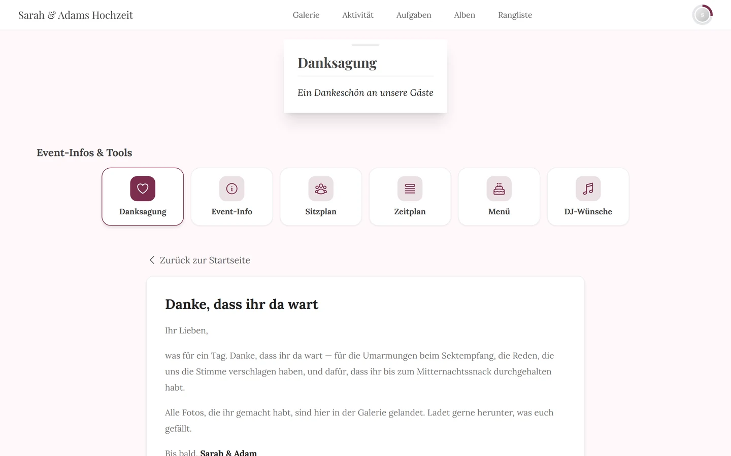 Danksagung in der Gästesicht mit Überschrift, Text und der hervorgehobenen Kachel Danksagung
