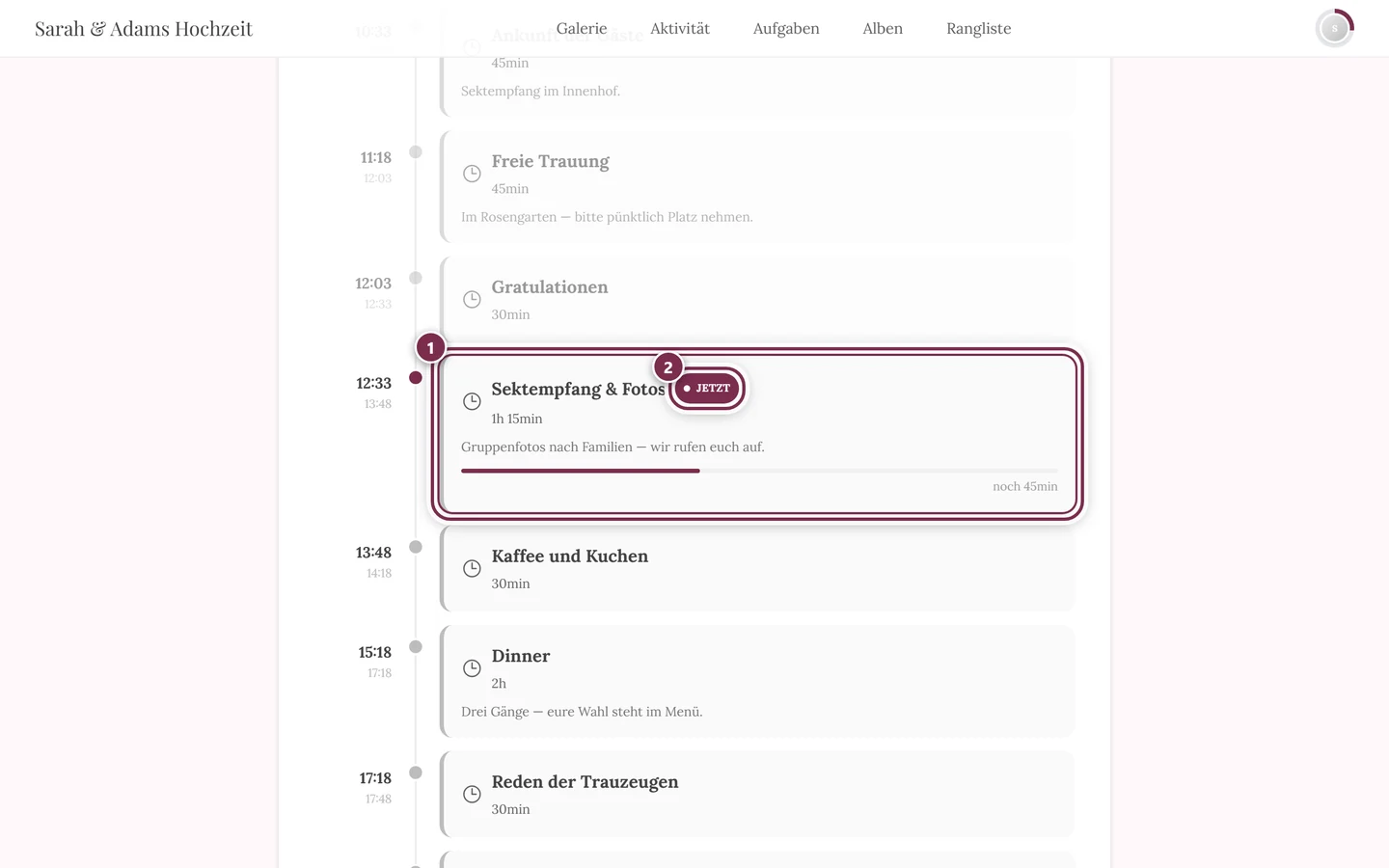Zeitplan während des Events mit markiertem laufenden Programmpunkt und der Jetzt-Markierung