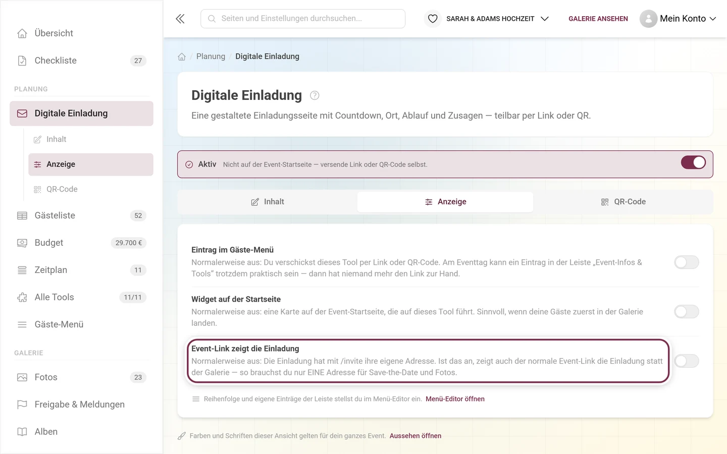 Reiter Anzeige der Einladung mit hervorgehobenem Event-Link-Schalter