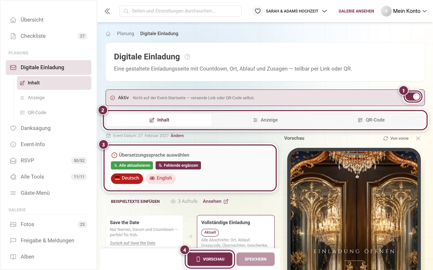 Editor der digitalen Einladung mit markiertem Master-Schalter, Reitern, Sprachblock und Vorschau-Knopf