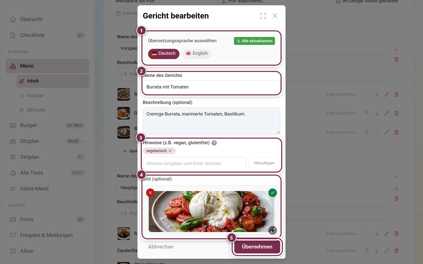 Dialog Gericht bearbeiten mit Sprachwahl, Name, Beschreibung, dem Chip vegetarisch und einem Foto im Bildfeld