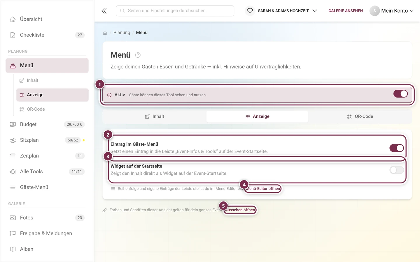 Reiter Anzeige des Menü-Tools mit dem Schalter Aktiv, Eintrag im Gäste-Menü und Widget auf der Startseite