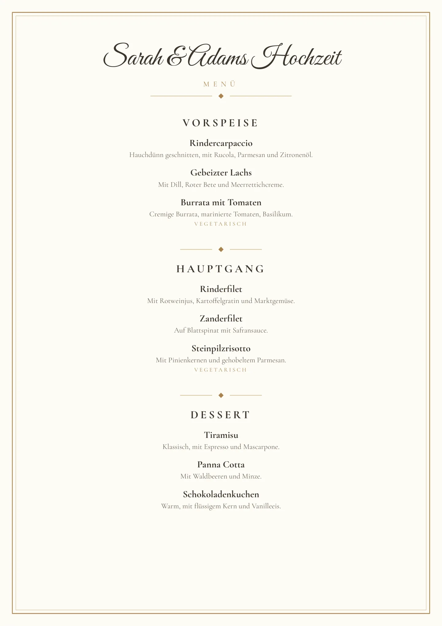 Fertige Menükarte als PDF im Stil Gold & Elfenbein mit den Gängen Vorspeise, Hauptgang und Dessert