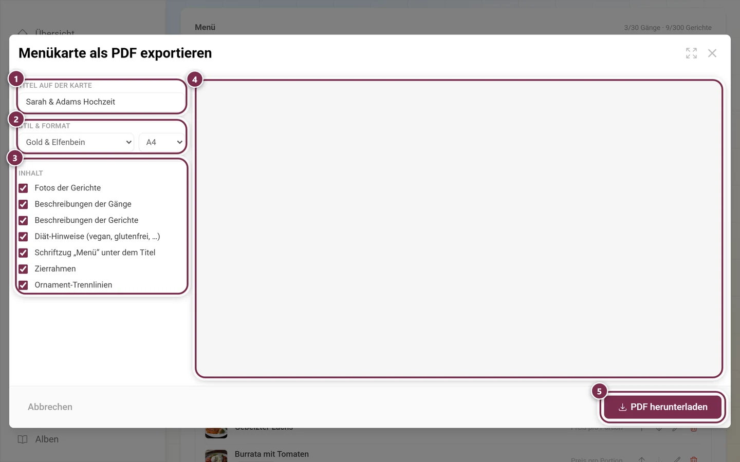 Dialog Menükarte als PDF exportieren mit den Einstellungen links und der Live-Vorschau rechts