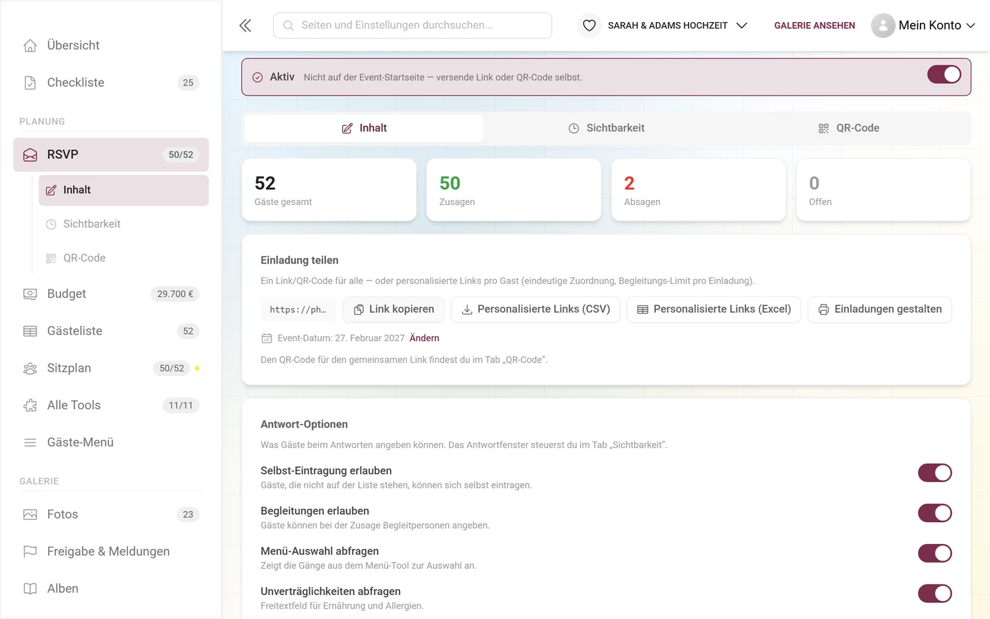 Abschnitt Einladung teilen mit Link kopieren und den beiden CSV- und Excel-Downloads