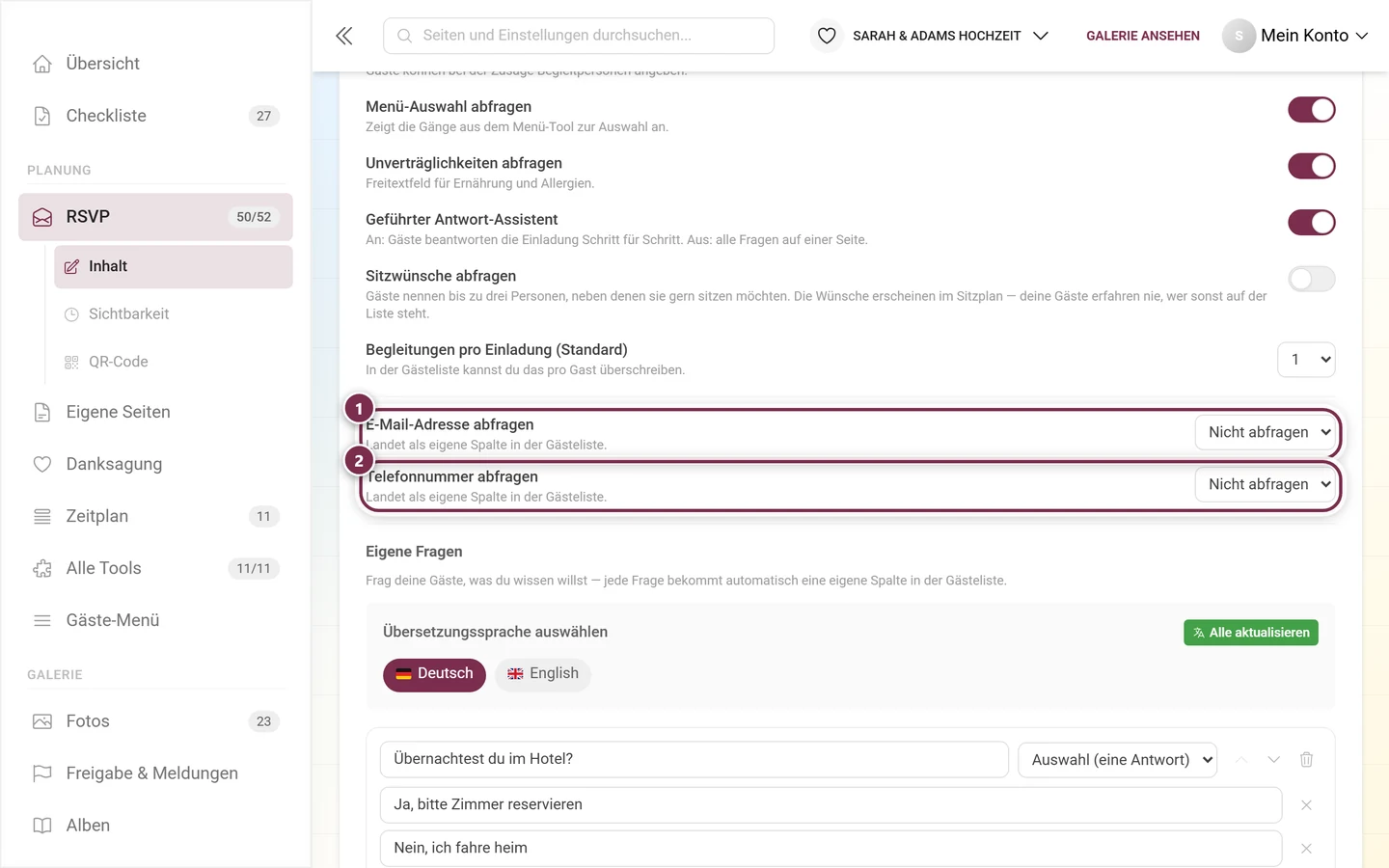 Die beiden Kontakt-Abfragen für E-Mail-Adresse und Telefonnummer