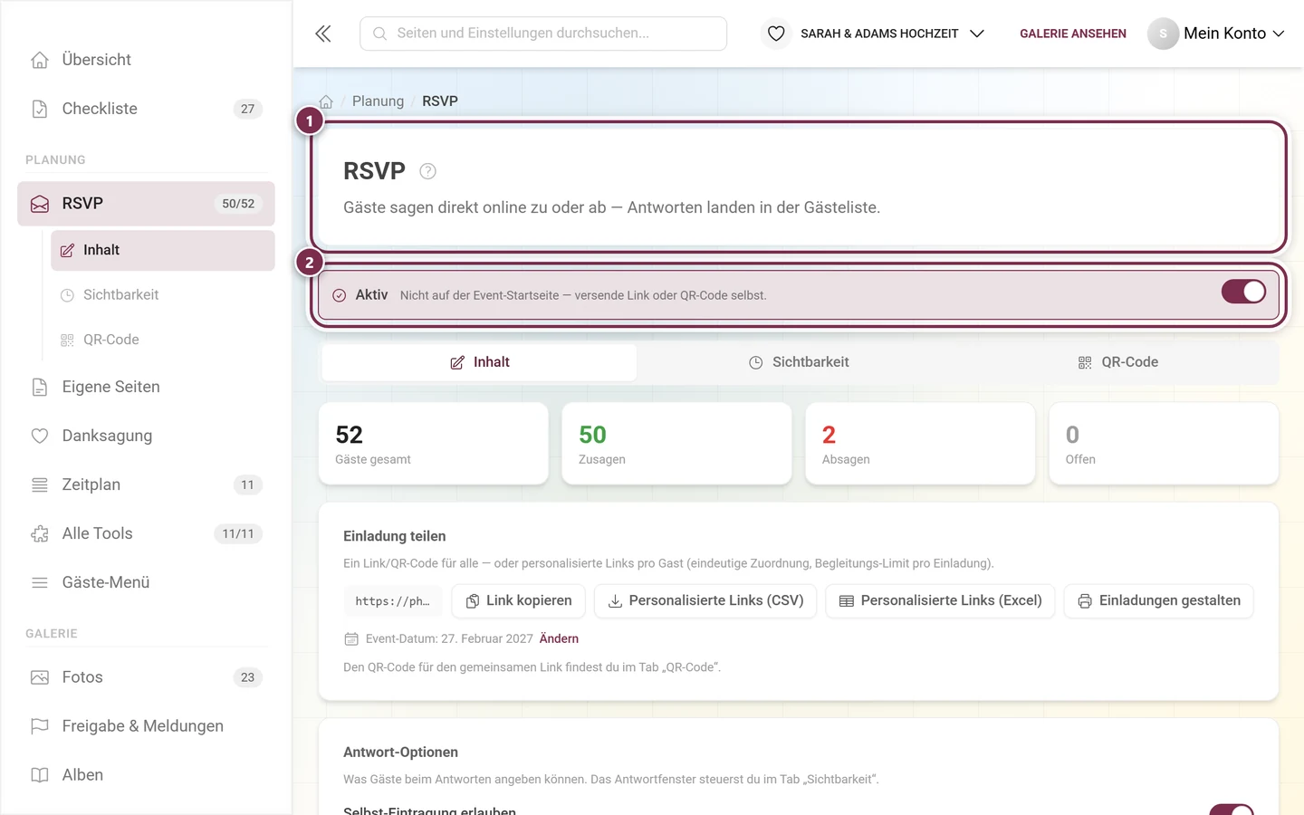 Kopfzeile des RSVP-Editors mit Titel und dem Aktiv-Streifen