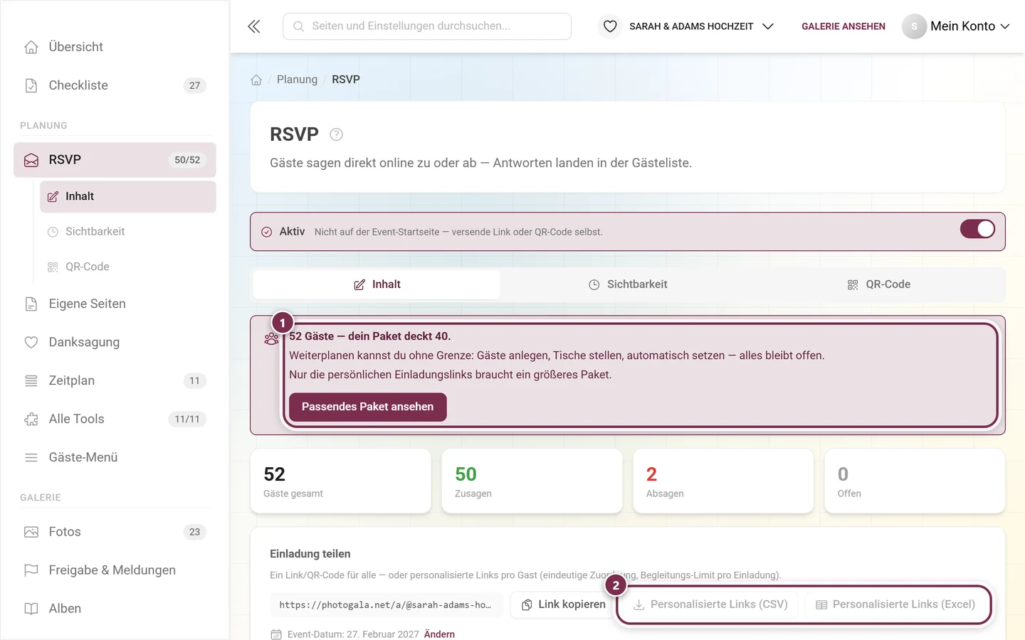 Kontingent-Kasten über dem Editor und die ausgegrauten Buttons für die personalisierten Links