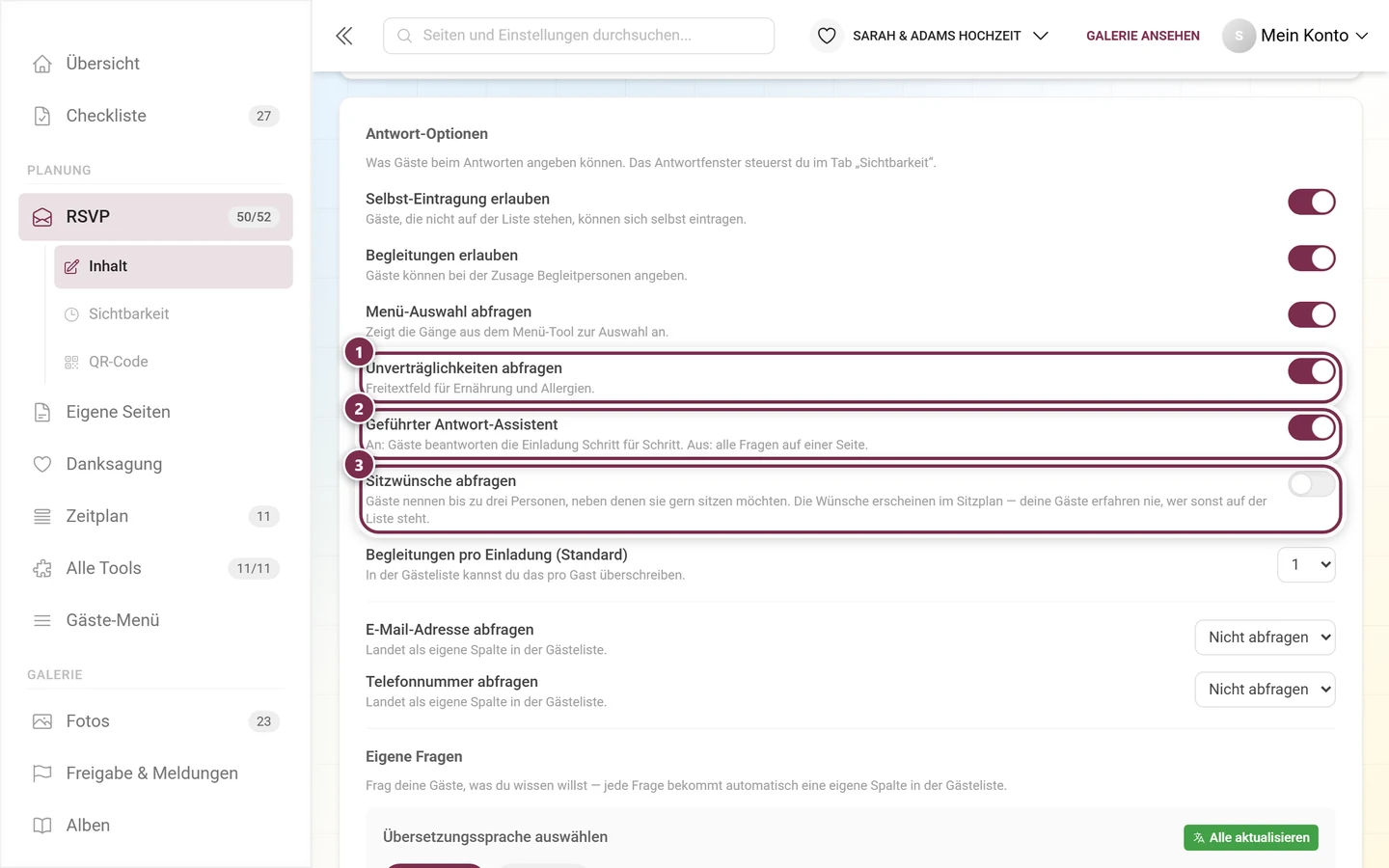 Die nächsten drei Antwort-Optionen: Unverträglichkeiten, Antwort-Assistent und Sitzwünsche