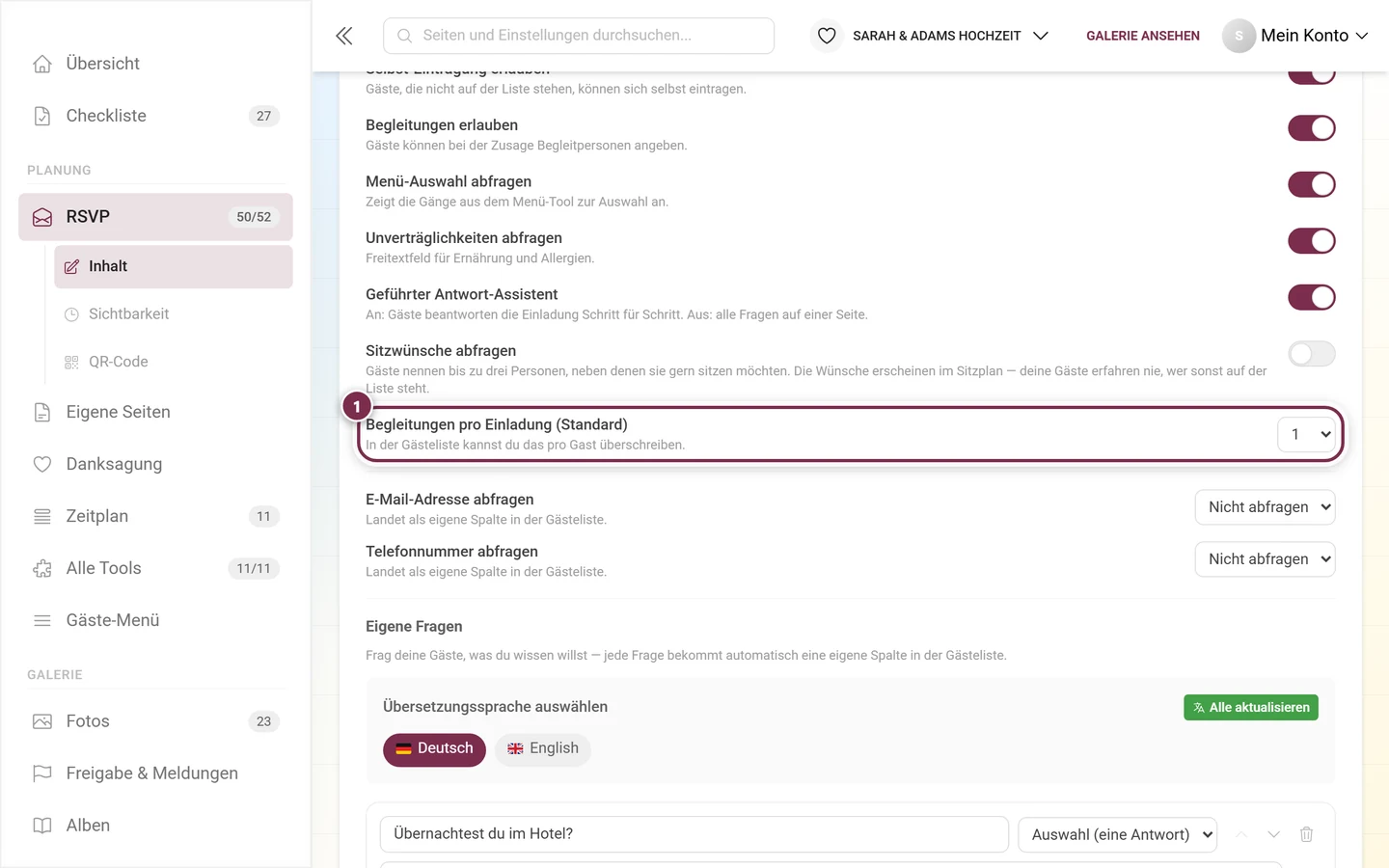 Das Klappmenü Begleitungen pro Einladung (Standard)