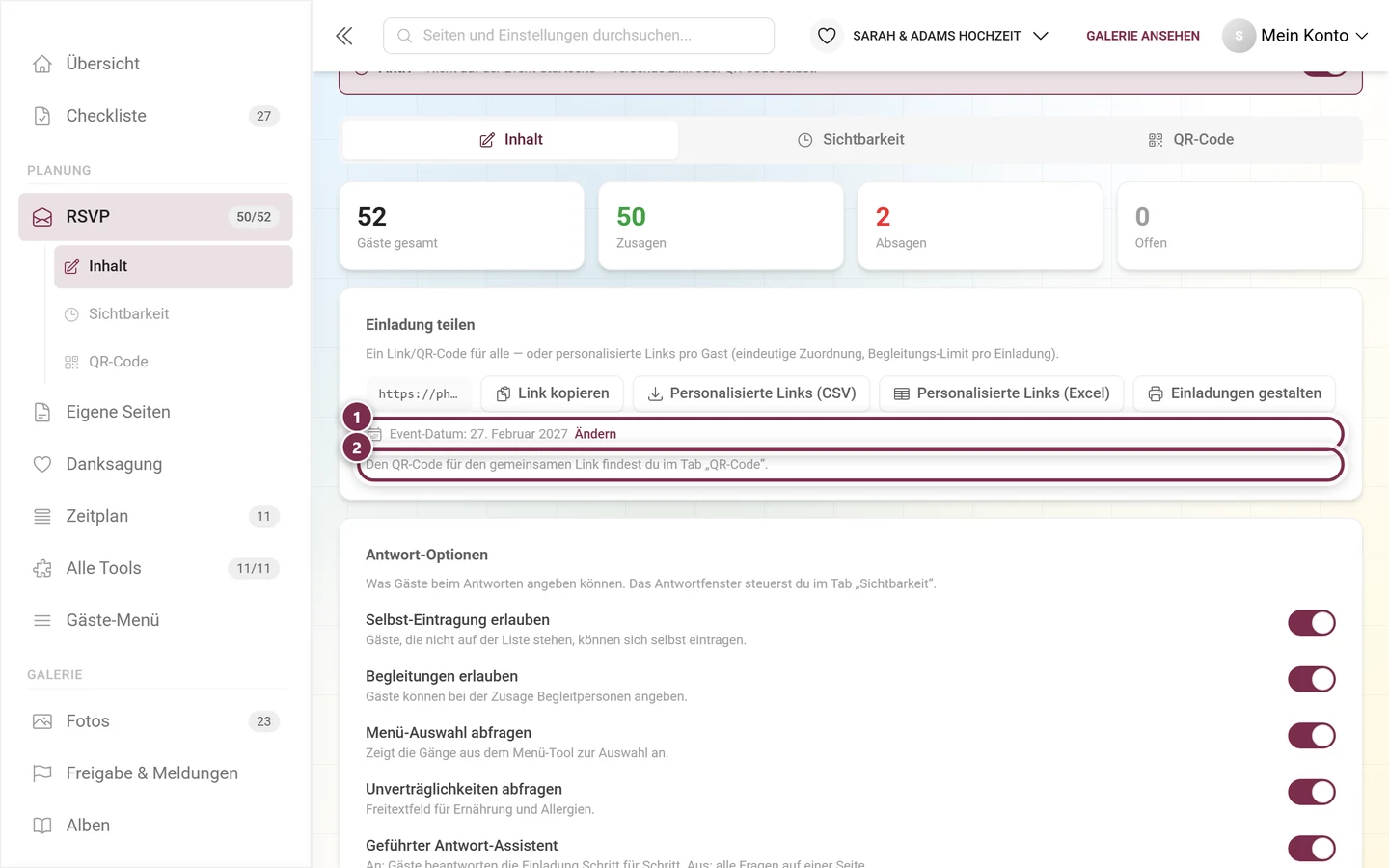 Die beiden Hinweiszeilen unter den Ausliefer-Buttons: Event-Datum und der Verweis auf den QR-Reiter