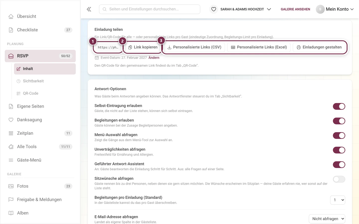 Abschnitt Einladung teilen mit Adresse, Link kopieren und den drei Ausliefer-Buttons
