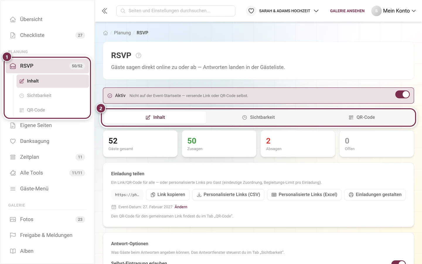 Seitenleiste mit dem markierten RSVP-Eintrag unter Planung und der Reiterleiste des Editors