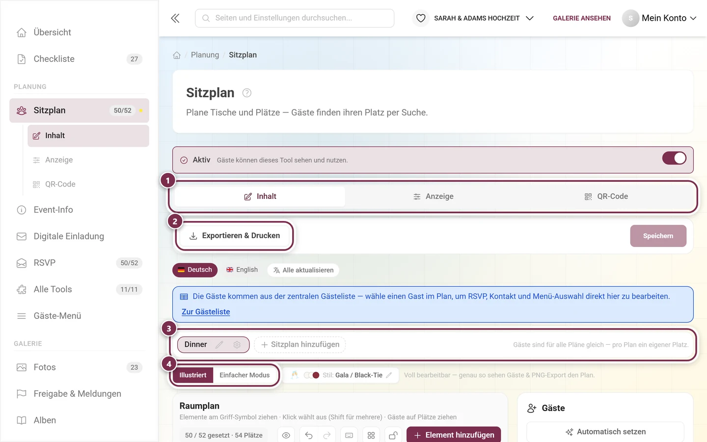 Sitzplan-Editor mit dem blauen Hinweis auf die zentrale Gästeliste und der Plan-Auswahl