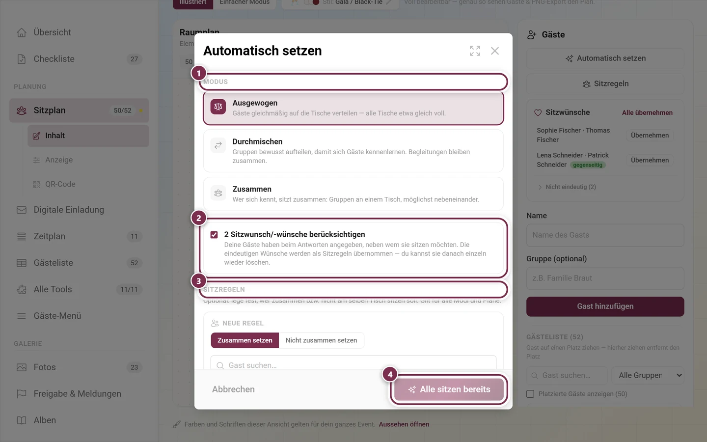 Dialog Automatisch setzen mit markiertem Modus-Bereich, der Wunsch-Option, dem Sitzregeln-Abschnitt und dem deaktivierten Knopf Alle sitzen bereits