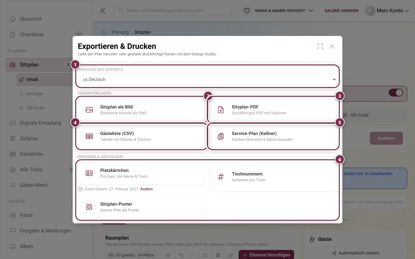 Dialog Exportieren und Drucken mit markierter Sprachauswahl, den vier Download-Karten und dem Bereich Drucken und gestalten