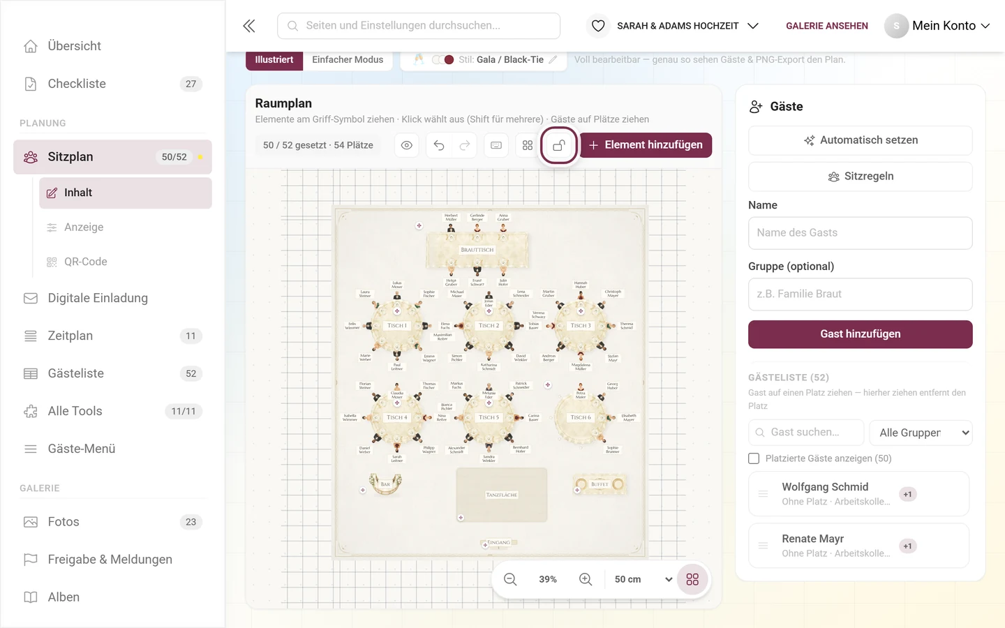 Werkzeugleiste des Sitzplan-Editors mit rot markiertem Knopf Layout sperren