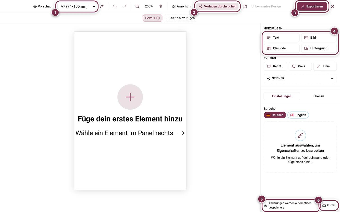 Design Studio mit leerem Platzkärtchen, markiertem Papierformat, Knopf Vorlagen durchsuchen, Knopf Exportieren, Elemente-Panel, Speicher-Hinweis und Knopf Kürzel