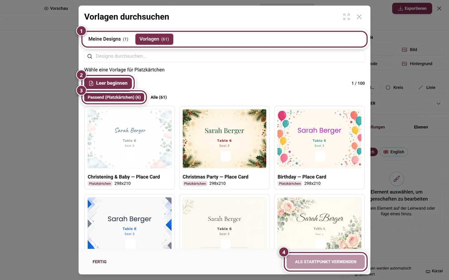 Vorlagen-Browser des Design Studios mit den Reitern Meine Designs und Vorlagen, dem Knopf Leer beginnen, dem Filter Passend und dem Knopf Als Startpunkt verwenden