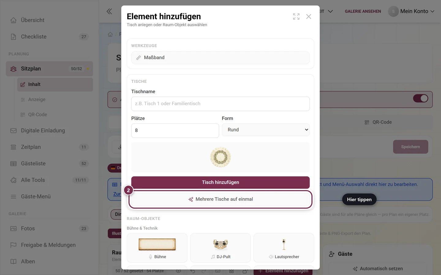 Dialog Element hinzufügen mit rot markiertem Eintrag Mehrere Tische auf einmal
