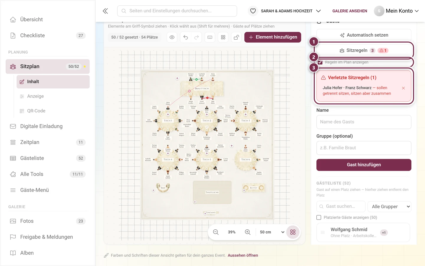 Gäste-Panel mit dem Warnzeichen am Knopf Sitzregeln, der Checkbox Regeln im Plan anzeigen und der Liste Verletzte Sitzregeln