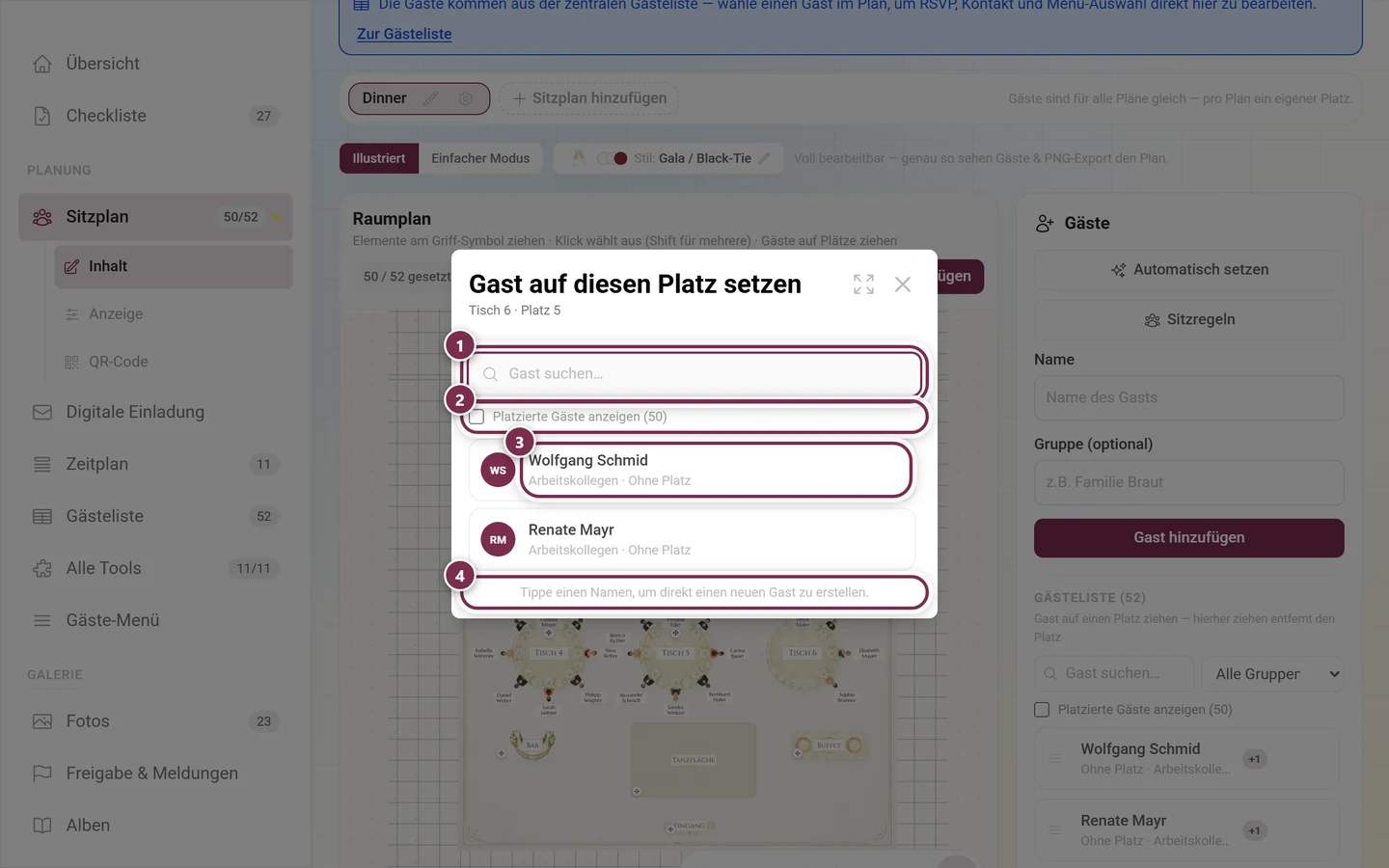 Dialog Gast auf diesen Platz setzen mit markiertem Suchfeld, Checkbox für platzierte Gäste, einer Gästezeile und dem Hinweis zum Anlegen neuer Gäste