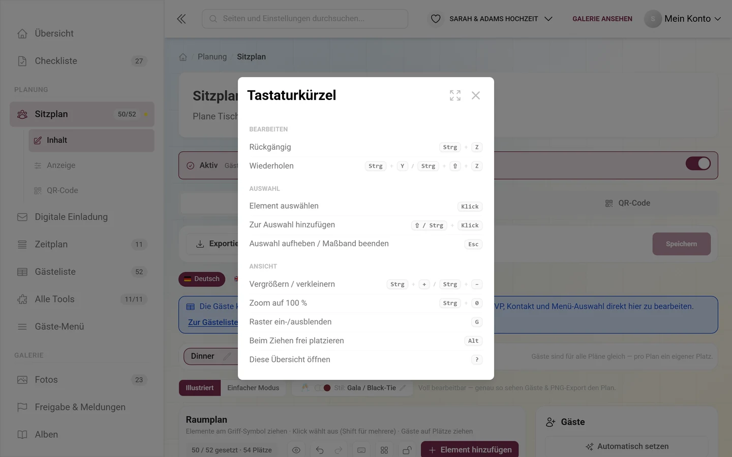 Dialog Tastaturkürzel mit den Gruppen Bearbeiten, Auswahl und Ansicht