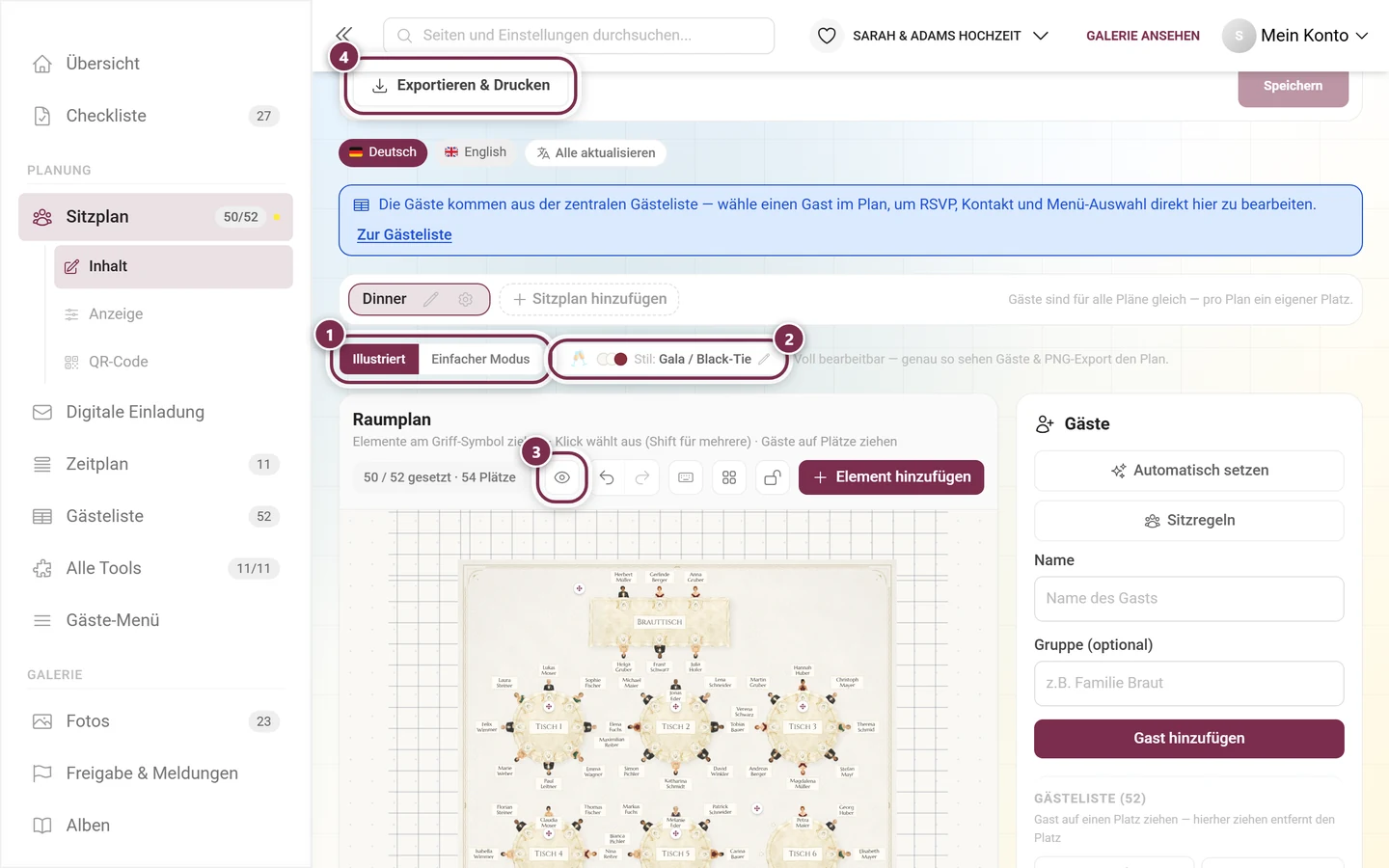 Sitzplan-Editor mit markiertem Ansichts-Umschalter, Stil-Knopf, Augen-Symbol und Knopf Exportieren und Drucken