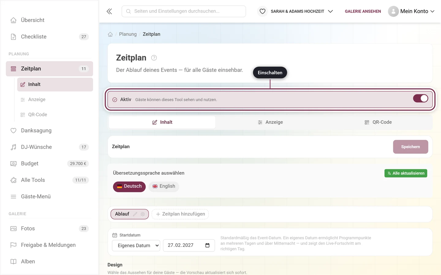 Tool-Editor mit hervorgehobenem Aktiv-Streifen über den Reitern